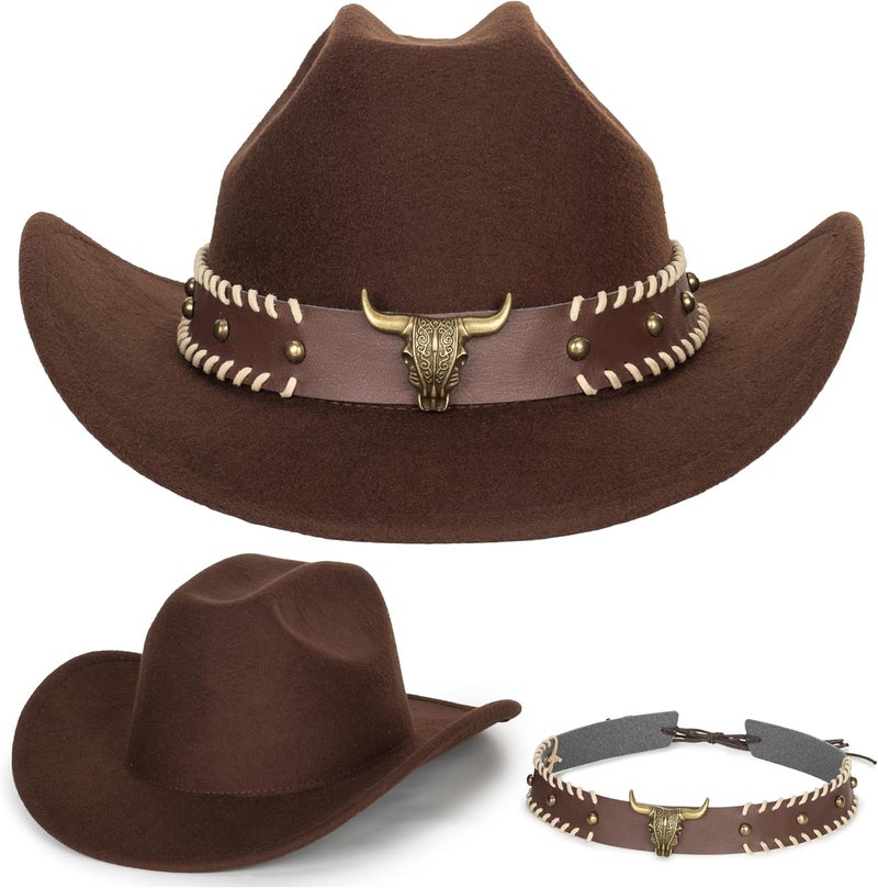 Eohak Womens Western Cowboy Hats Studded Pinched Western Cowgirl Hats Wide Brim Fedoras Hat with Belt Buckle (Size:Medium) - Image 3
